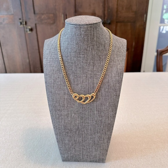 Napier Jewelry - Vintage Napier Triple Heart Necklace Chunky Gold Tone Cuban Chain Signed Choker
